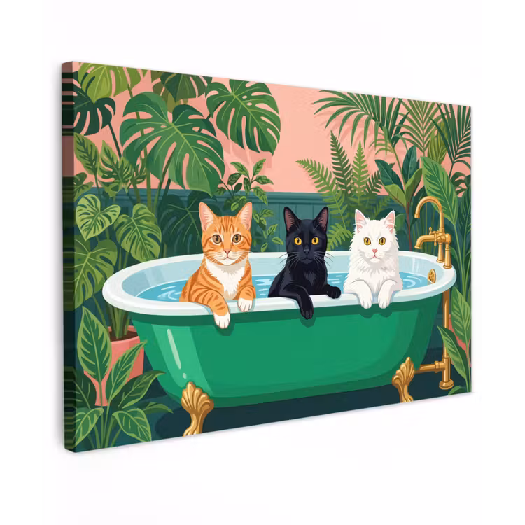 Badkamer - Kattenparade - Kleurrijk Tuinposter op houten frame 2 cm dik klein -3d