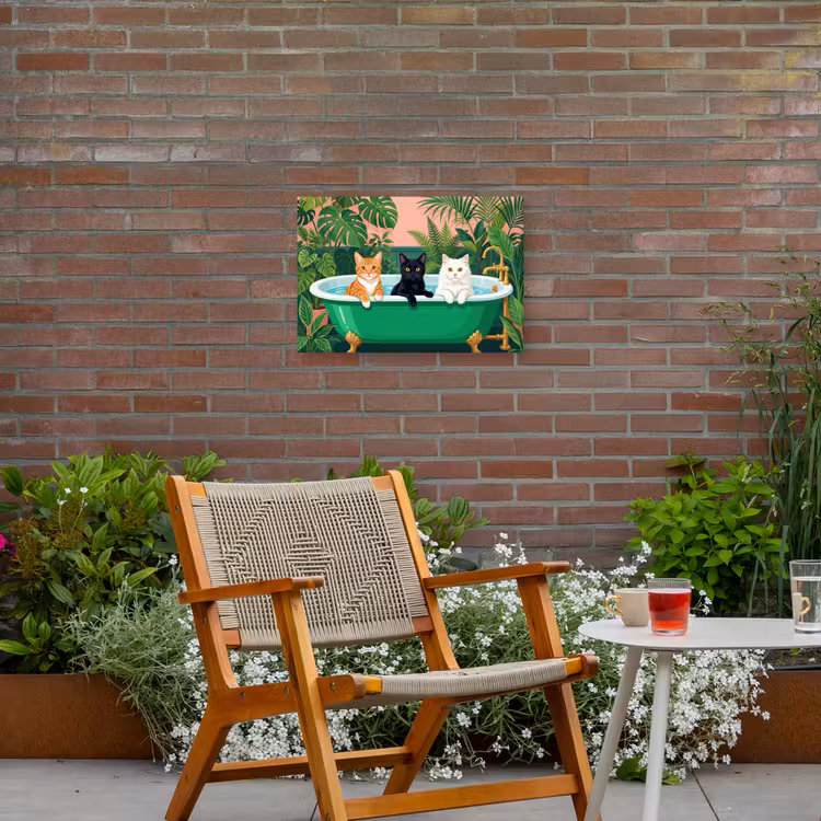 Badkamer - Kattenparade - Kleurrijk Tuinposter op houten frame 2 cm dik klein -sfeer3