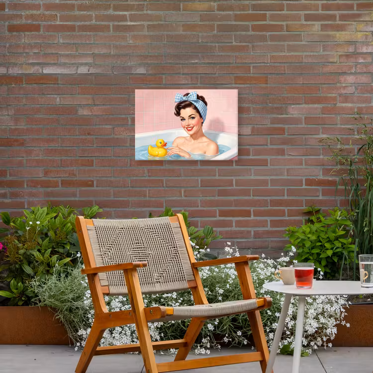 Badkamer - Eend - Blauw Tuinposter op houten frame 2 cm dik klein -sfeer3