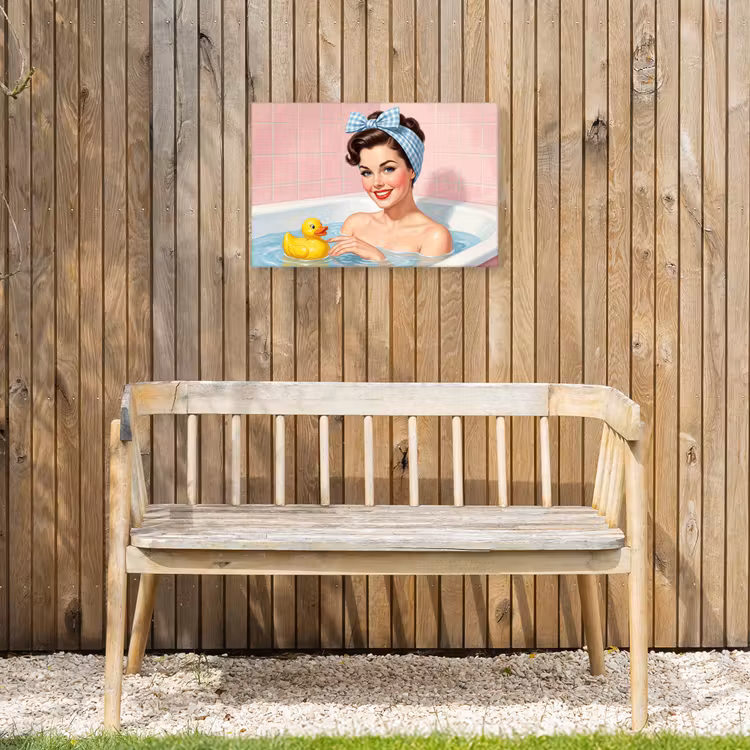Badkamer - Eend - Blauw Tuinposter op houten frame 2 cm dik klein -sfeer4