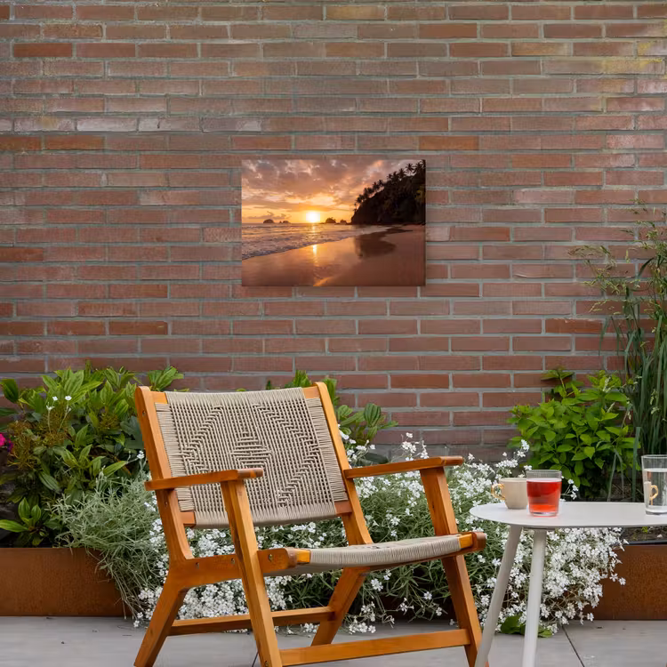 Strand - Zonsondergang - Natuur - Tropisch - Oranje Tuinposter op houten frame 2 cm dik klein -sfeer3