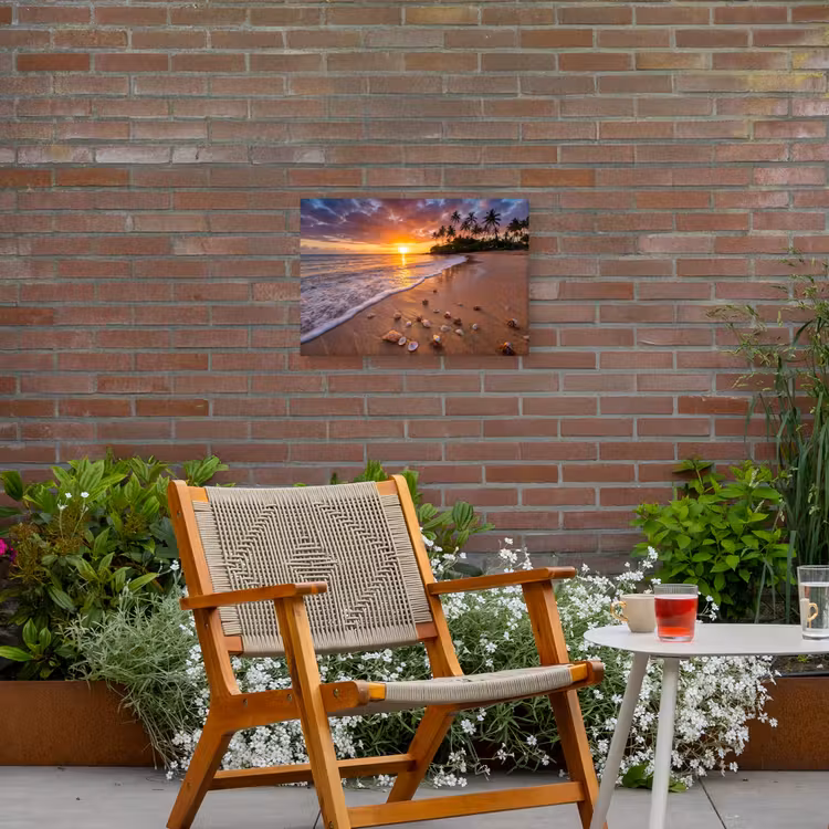 Strand - Zonsondergang - Palmbomen - Natuur - Oranje Tuinposter op houten frame 2 cm dik klein -sfeer3
