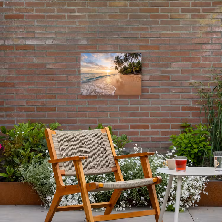 Strand - Zonsondergang - Tropisch - Natuur - Goud Tuinposter op houten frame 2 cm dik klein -sfeer3