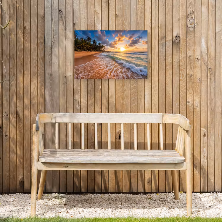 Strand - Zonsondergang - Golven - Natuur - Goud Tuinposter op houten frame 2 cm dik klein -sfeer4