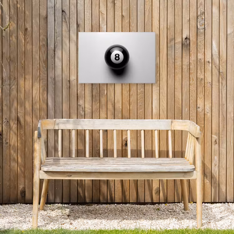 Biljartbal - Getal - Acht - Wit Tuinposter op houten frame 2 cm dik klein -sfeer4
