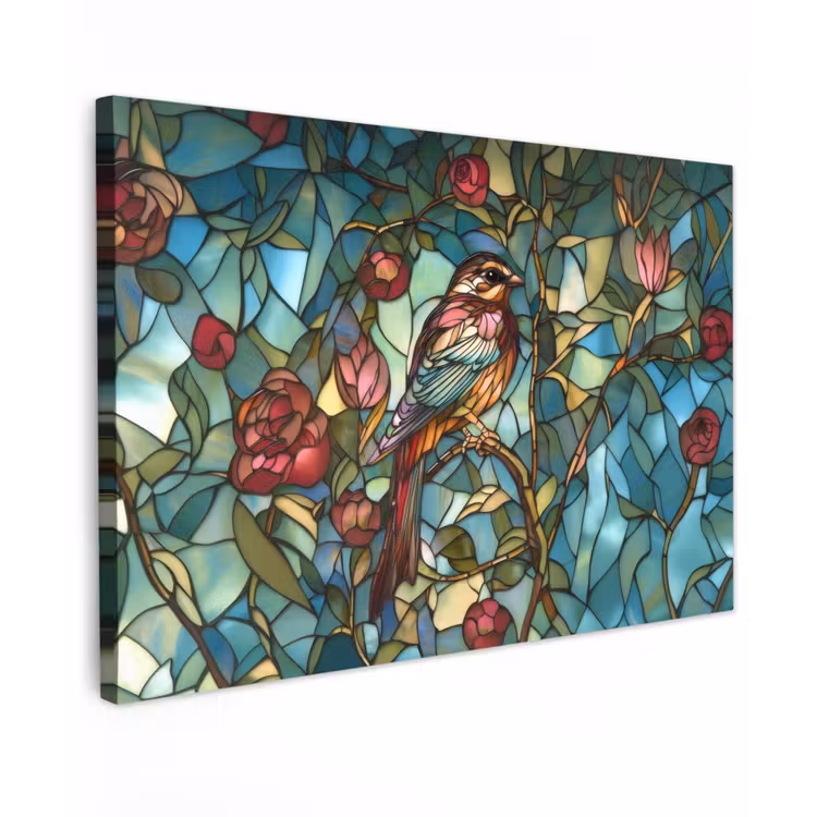 Vogel - Tak - Rozen - Mozaïek Tuinposter op houten frame 2 cm dik klein -3d