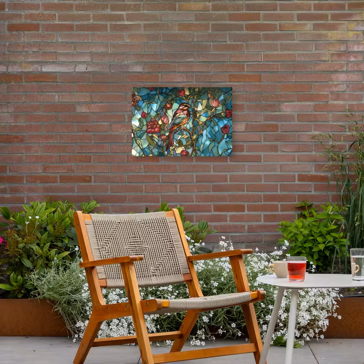 Vogel - Tak - Rozen - Mozaïek Tuinposter op houten frame 2 cm dik klein -sfeer3