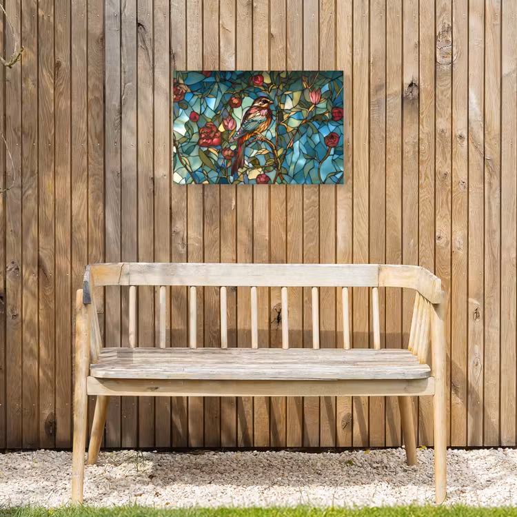 Vogel - Tak - Rozen - Mozaïek Tuinposter op houten frame 2 cm dik klein -sfeer4