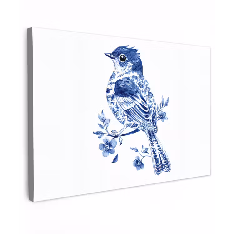 Vogel - Delfts blauw - Illustratie - Bloemen Tuinposter op houten frame 2 cm dik klein -3d