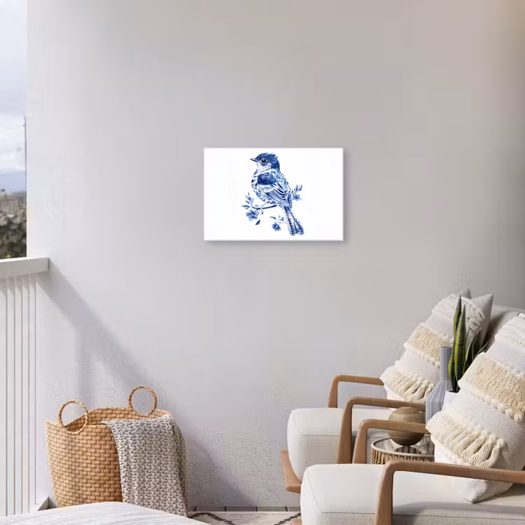 Vogel - Delfts blauw - Illustratie - Bloemen Tuinposter op houten frame 2 cm dik klein -sfeer1