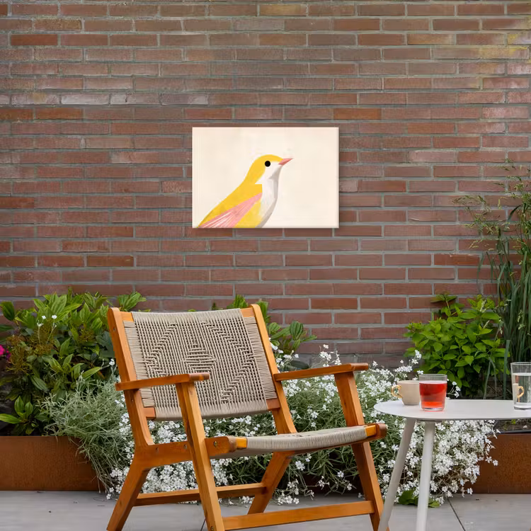 Vogel - Minimalistisch - Geel Tuinposter op houten frame 2 cm dik klein -sfeer3