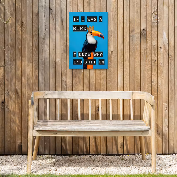 Vogel - Toekan - Blauw - Quotes Tuinposter op houten frame 2 cm dik klein -sfeer4