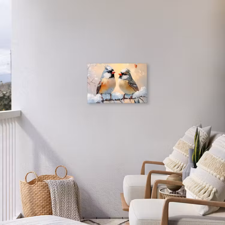 Vogels - Tak - Winter - Sneeuw Tuinposter op houten frame 2 cm dik klein -sfeer1
