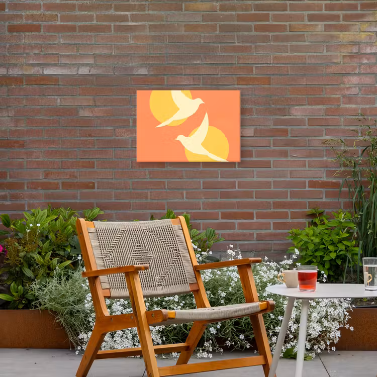 Vogels - Cirkels - Geel Tuinposter op houten frame 2 cm dik klein -sfeer3