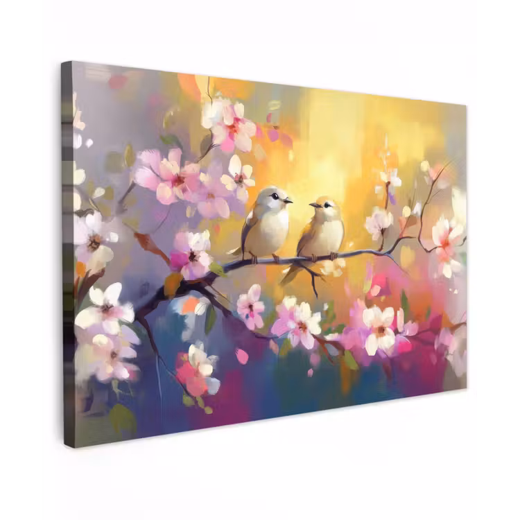 Vogels - Bloemen - Roze Tuinposter op houten frame 2 cm dik klein -3d