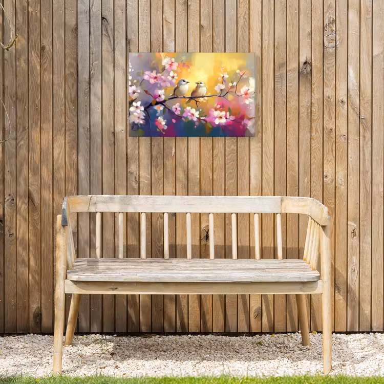 Vogels - Bloemen - Roze Tuinposter op houten frame 2 cm dik klein -sfeer4