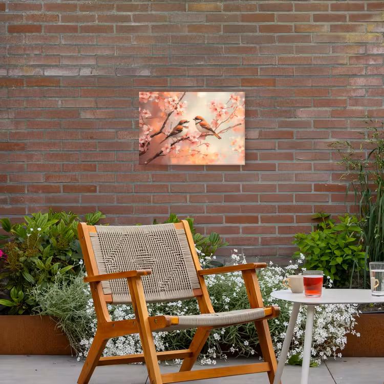 Vogels - Romantic - Bloesemtak Tuinposter op houten frame 2 cm dik klein -sfeer3