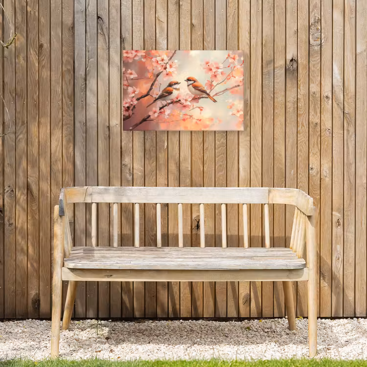 Vogels - Romantic - Bloesemtak Tuinposter op houten frame 2 cm dik klein -sfeer4