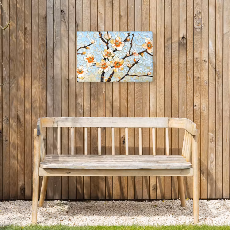 Bloesems - Wit - Mozaïek - Tak Tuinposter op houten frame 2 cm dik klein -sfeer4