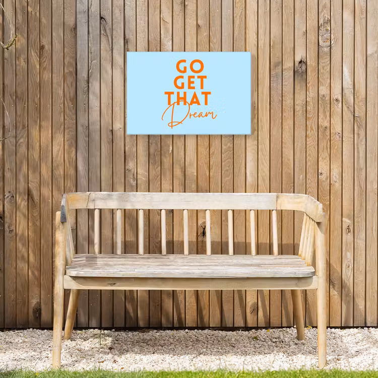 Blauw - Oranje - Tekst Tuinposter op houten frame 2 cm dik klein -sfeer4