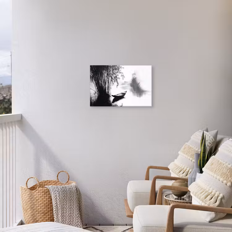 Boot - Rivier - Bamboe - Wit Tuinposter op houten frame 2 cm dik klein -sfeer1