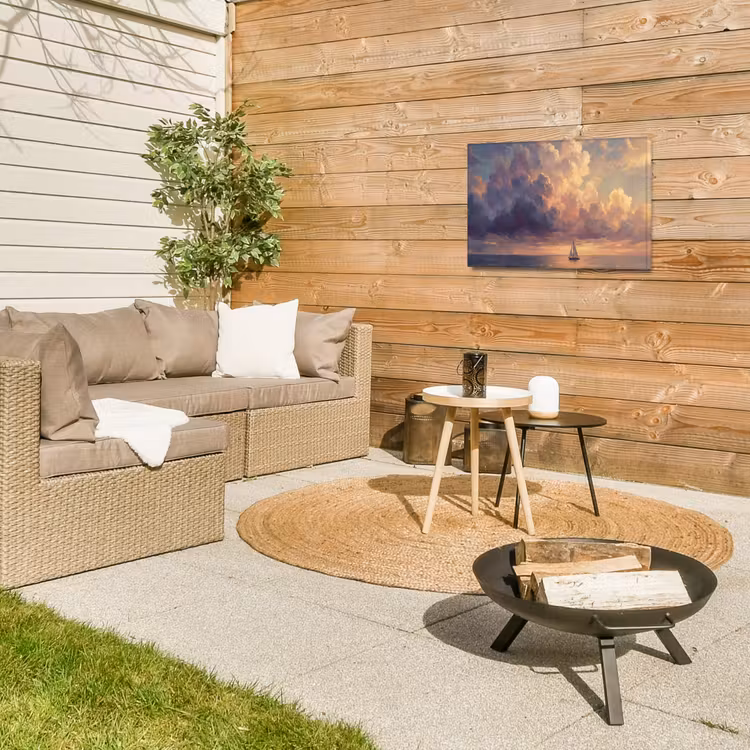 Boot - Zonsondergang - Zee - Natuur - Goud Tuinposter op houten frame 2 cm dik klein -sfeer2
