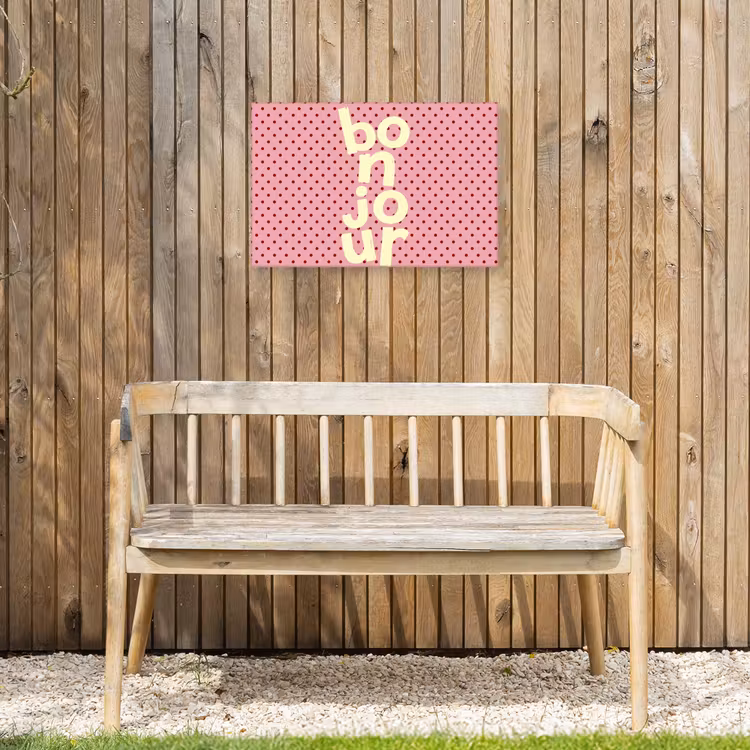Bonjour - Stippen - Roze- Geel Tuinposter op houten frame 2 cm dik klein -sfeer4