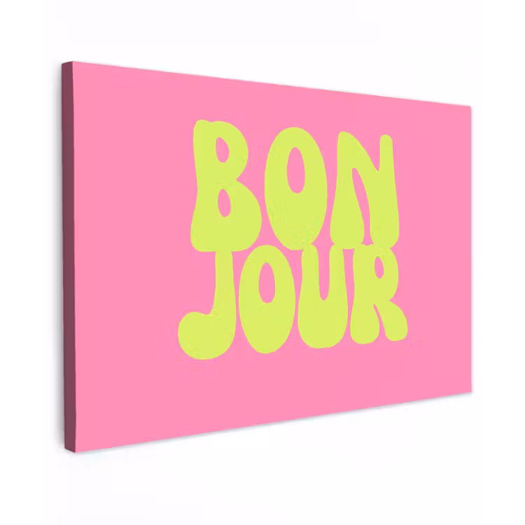 Bonjour - Roze - Fel groen Tuinposter op houten frame 2 cm dik klein -3d