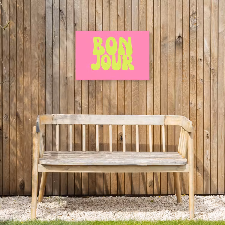 Bonjour - Roze - Fel groen Tuinposter op houten frame 2 cm dik klein -sfeer4