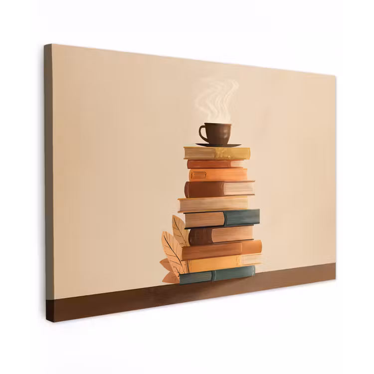 Boeken - Toren - Koffie - Beige Tuinposter op houten frame 2 cm dik klein -3d