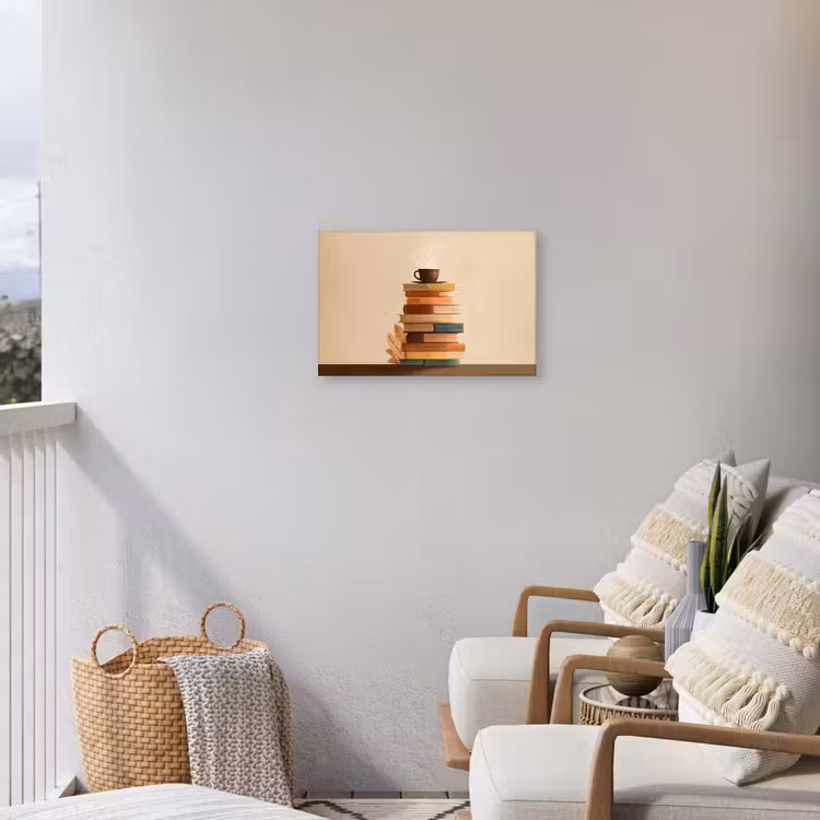 Boeken - Toren - Koffie - Beige Tuinposter op houten frame 2 cm dik klein -sfeer1