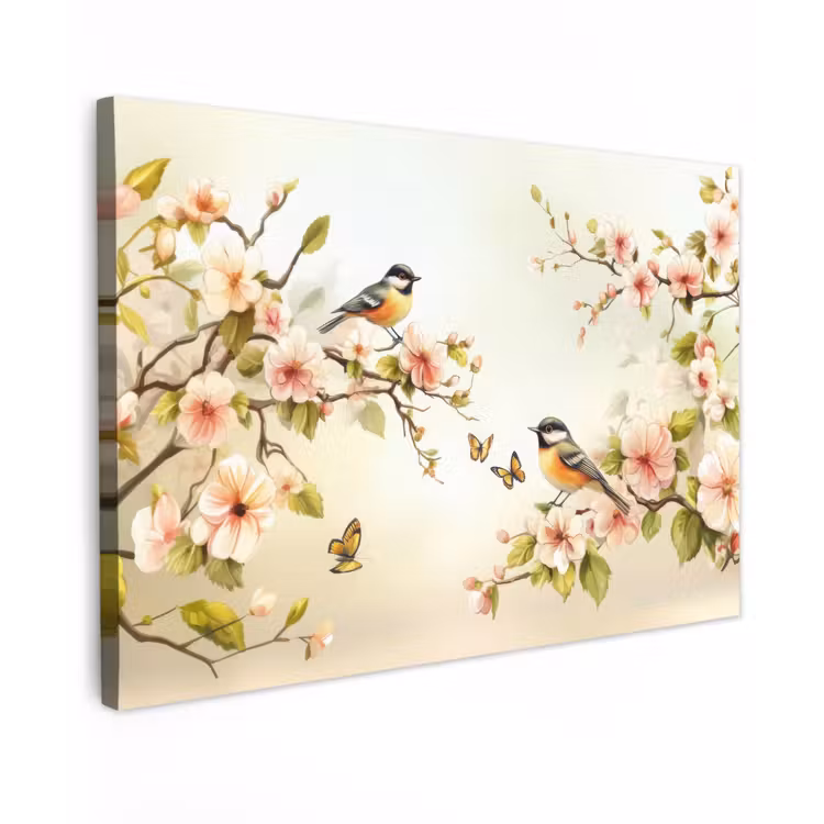 Takken - Bloemen - Vogeltjes - Roze Tuinposter op houten frame 2 cm dik klein -3d