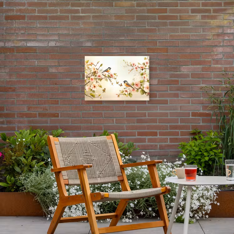 Takken - Bloemen - Vogeltjes - Roze Tuinposter op houten frame 2 cm dik klein -sfeer3