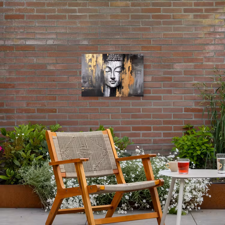 Boedhha - Penseelstreken - Goud - Abstract Tuinposter op houten frame 2 cm dik klein -sfeer3