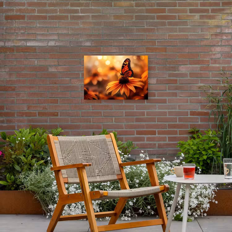 Vlinder - Bloemen - Oranje Tuinposter op houten frame 2 cm dik klein -sfeer3