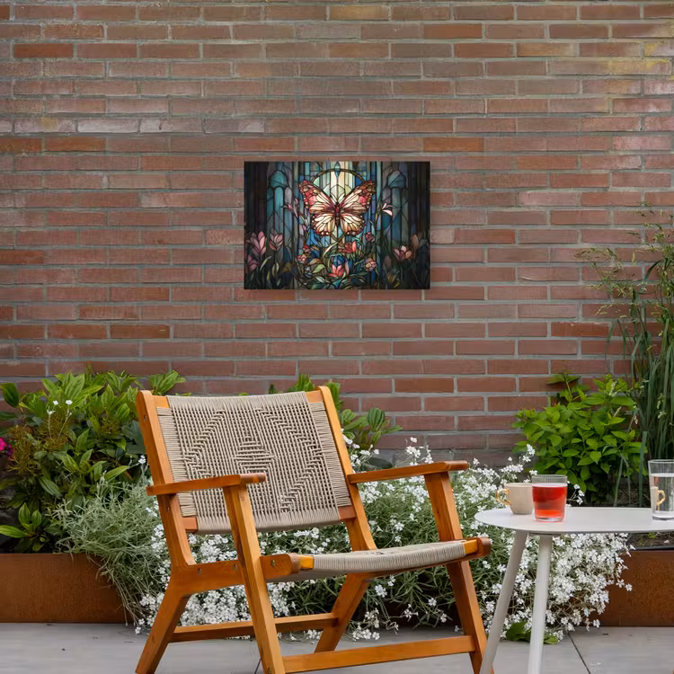 Vlinder - Roze - Bloemen - Bladeren Tuinposter op houten frame 2 cm dik klein -sfeer3