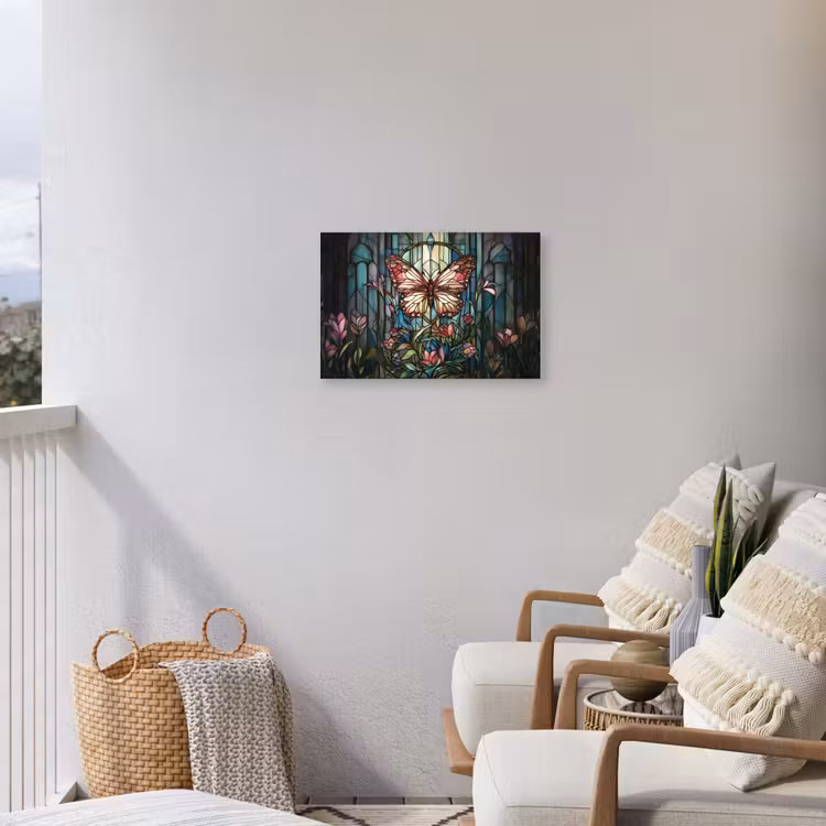 Vlinder - Roze - Bloemen - Bladeren Tuinposter op houten frame 2 cm dik klein -sfeer1