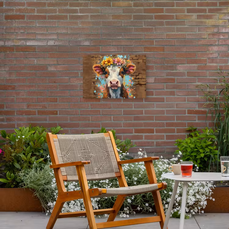 Kalf met Bloemenkroon Tuinposter op houten frame 2 cm dik klein -sfeer3