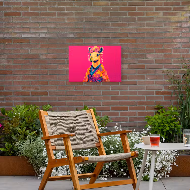 Kameel - Bloemen - Kimono - Waaiers Tuinposter op houten frame 2 cm dik klein -sfeer3