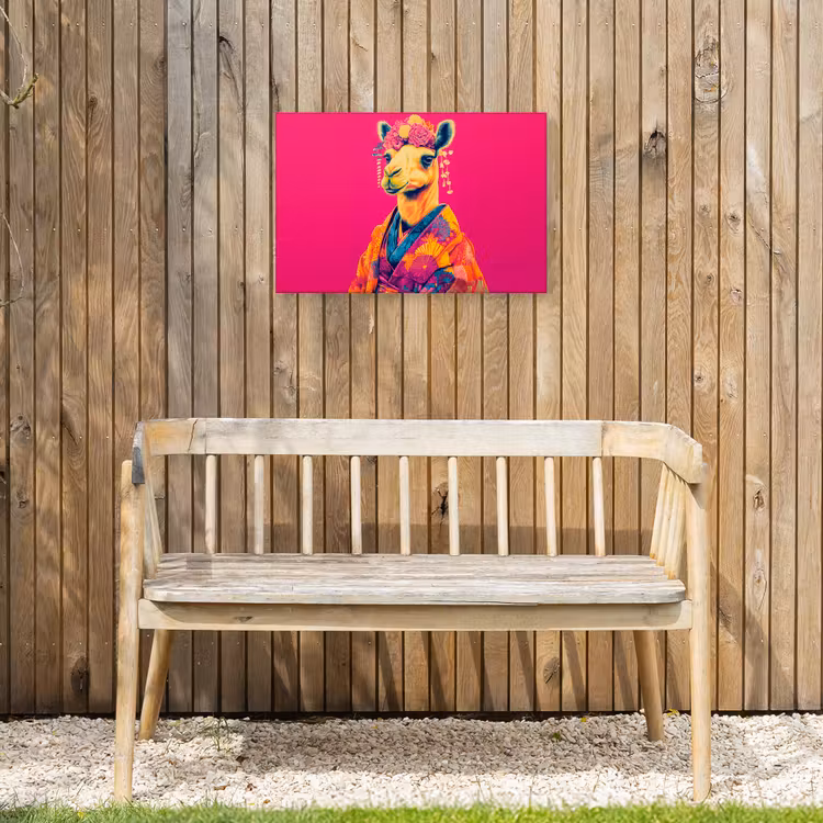 Kameel - Bloemen - Kimono - Waaiers Tuinposter op houten frame 2 cm dik klein -sfeer4