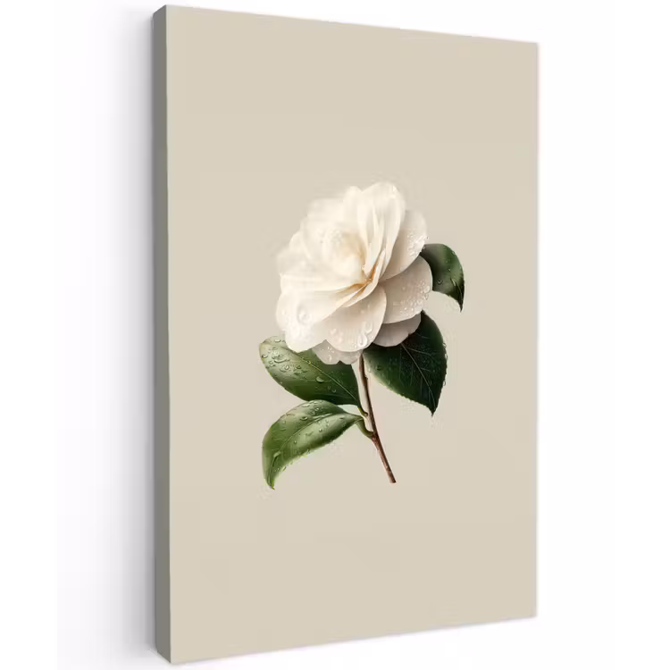 Cameliabloem - Wit - Groen Tuinposter op houten frame 2 cm dik klein -3d