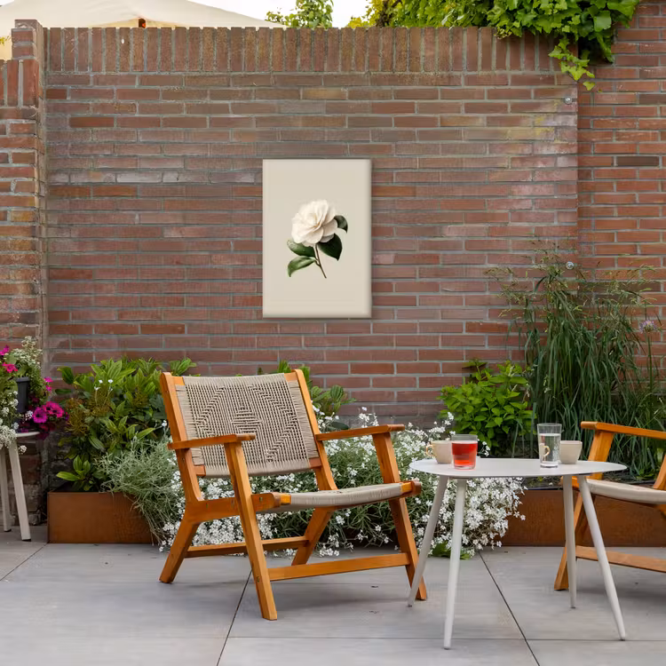 Cameliabloem - Wit - Groen Tuinposter op houten frame 2 cm dik klein -sfeer3