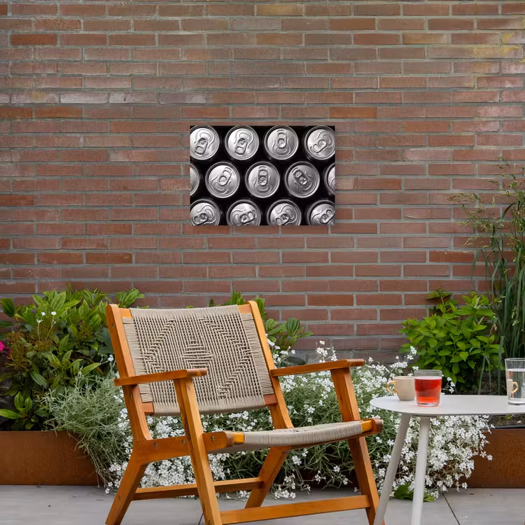 Blikjes - Aluminium - Patroon - Industrieel - Zilver Tuinposter op houten frame 2 cm dik klein -sfeer3