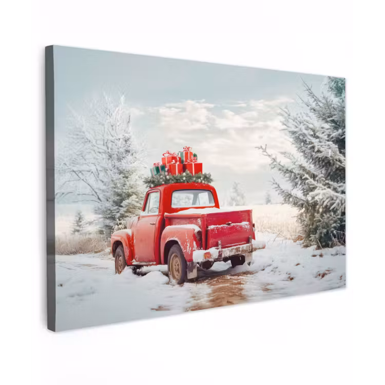 Auto - Rood - Cadeaus - Winter - Sneeuw - Kerst Tuinposter op houten frame 2 cm dik klein -3d
