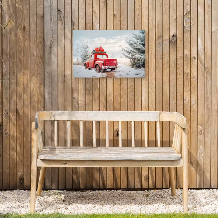 Auto - Rood - Cadeaus - Winter - Sneeuw - Kerst Tuinposter op houten frame 2 cm dik klein -sfeer4