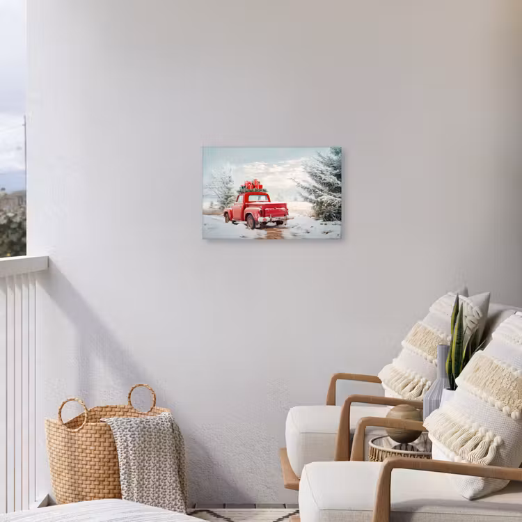 Auto - Rood - Cadeaus - Winter - Sneeuw - Kerst Tuinposter op houten frame 2 cm dik klein -sfeer1