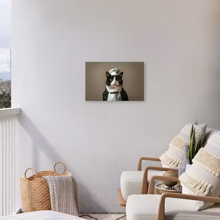 Kat - Kokskleding - Zwart - Wit Tuinposter op houten frame 2 cm dik klein -sfeer1
