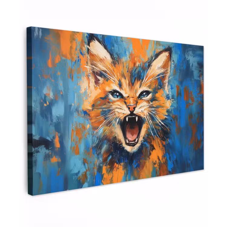 Kat - Kleurrijk - Oranje - Blauw Tuinposter op houten frame 2 cm dik klein -3d