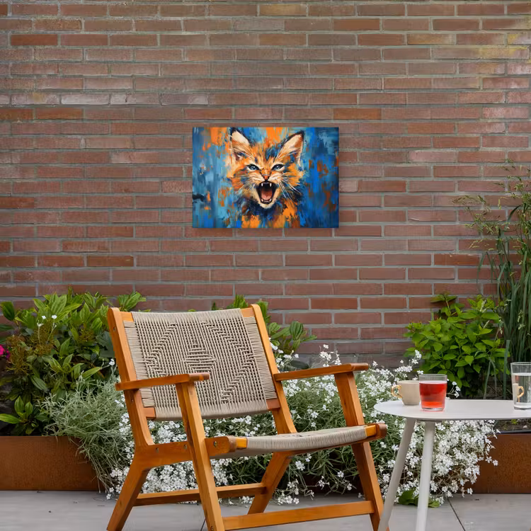 Kat - Kleurrijk - Oranje - Blauw Tuinposter op houten frame 2 cm dik klein -sfeer3