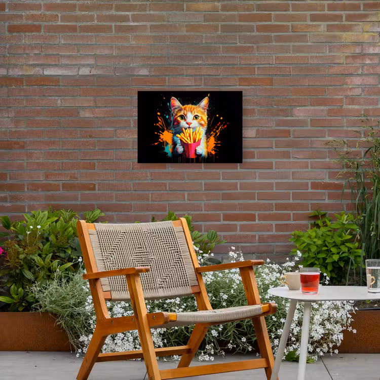 Kat - Eten - Patat - Graffiti - Abstract Tuinposter op houten frame 2 cm dik klein -sfeer3